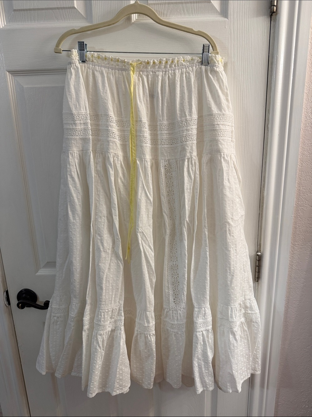 Women's White Tiered Maxi Skirt with Yellow Drawstring